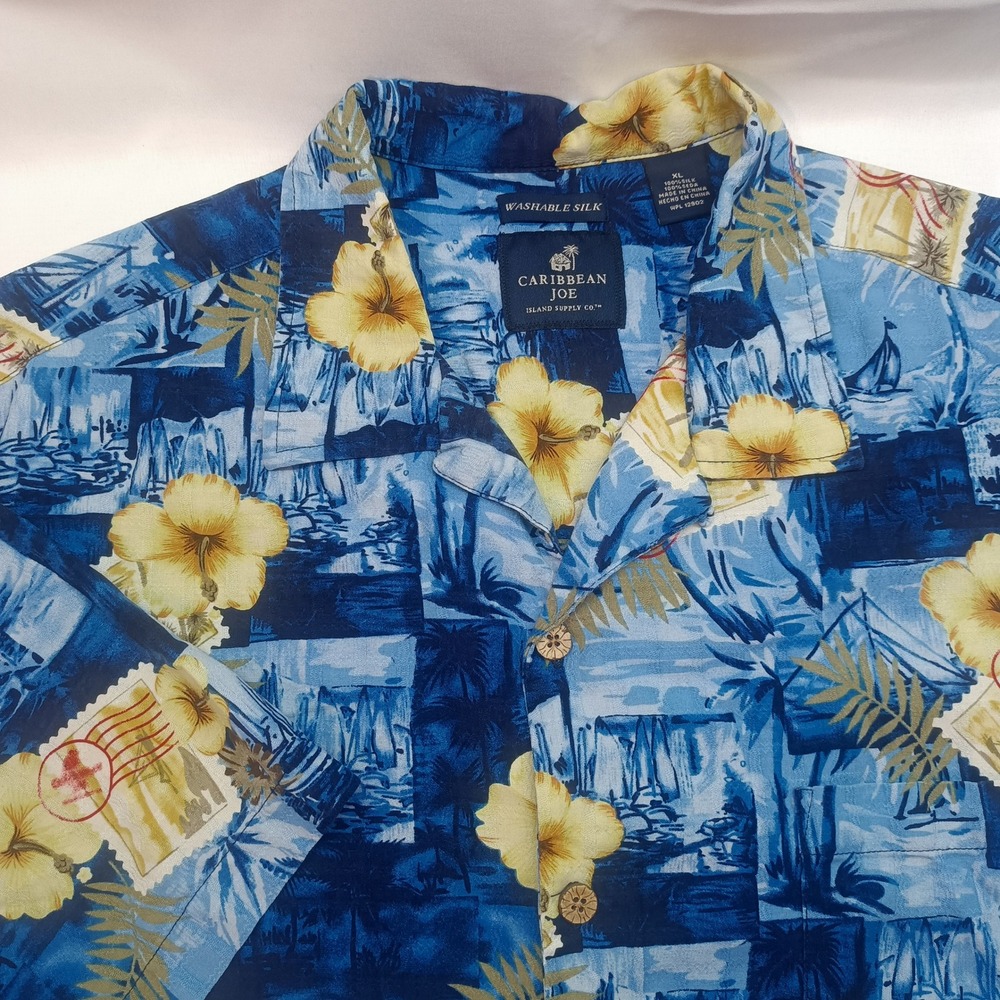 Caribbean Joe Mens XL Washable Silk Hawaiian Shirt Blue Hibiscus Tropical Camp